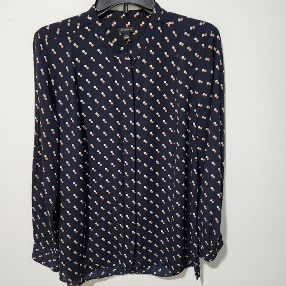 Ann Taylor Navy Blue Long Sleeve Classic Button Down Polka Dot Blouse -Medium - Picture 1 of 6